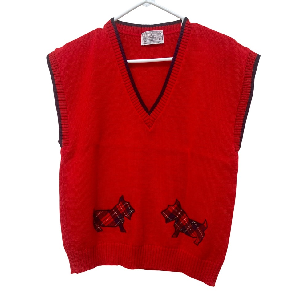 Pendleton Vintage Red Wool Sweater Vest Scottie Dog Plaid V-Neck Mens Small USA